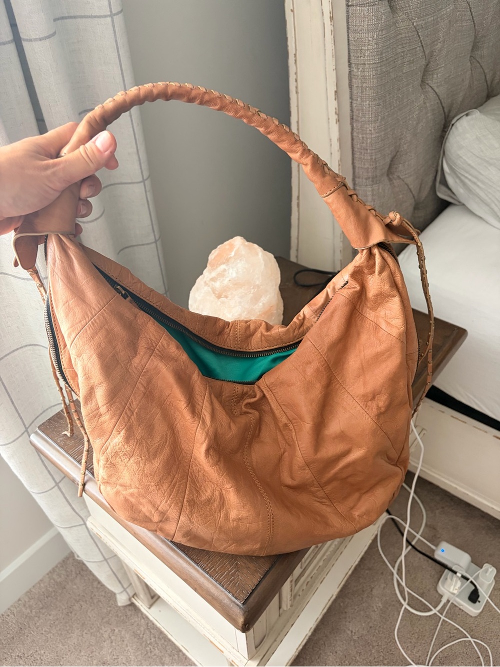 Women’s Tan Leather Hobo Bag with Braided Handle